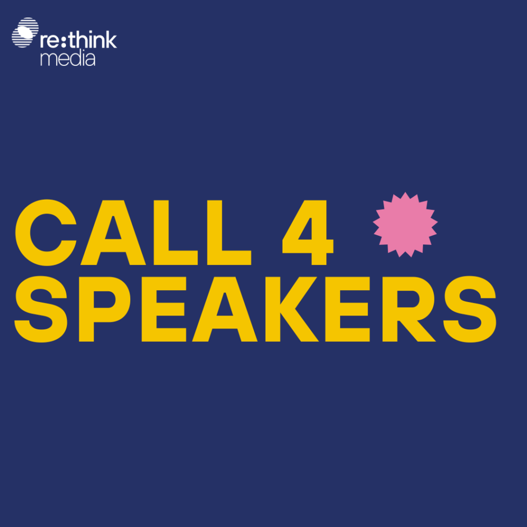 Grafik mit dunkelblauem Hintergrund und gelber Schrift "Call for Speakers".